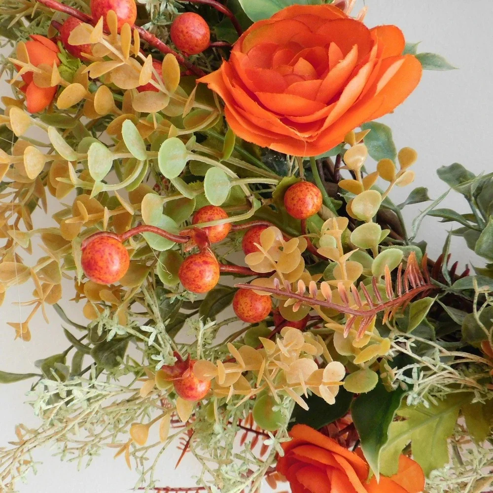 24 Inch Fall Wreath for Front Door, Orange Ranunculus Autumn Wreath Farmhouse